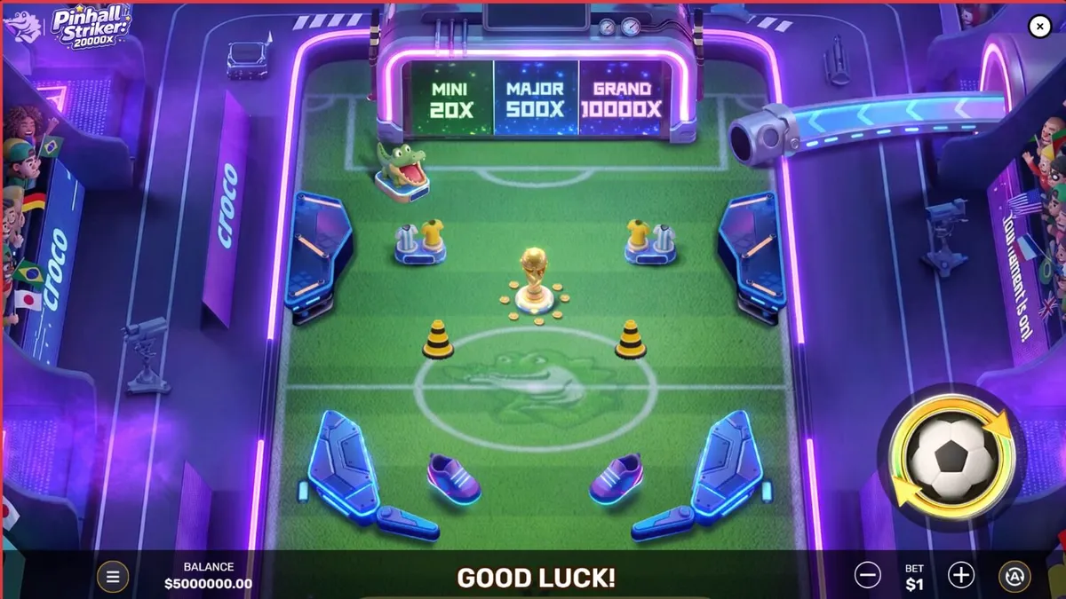 Pinball Striker 20,000x slot game interface showing neon stadium theme
